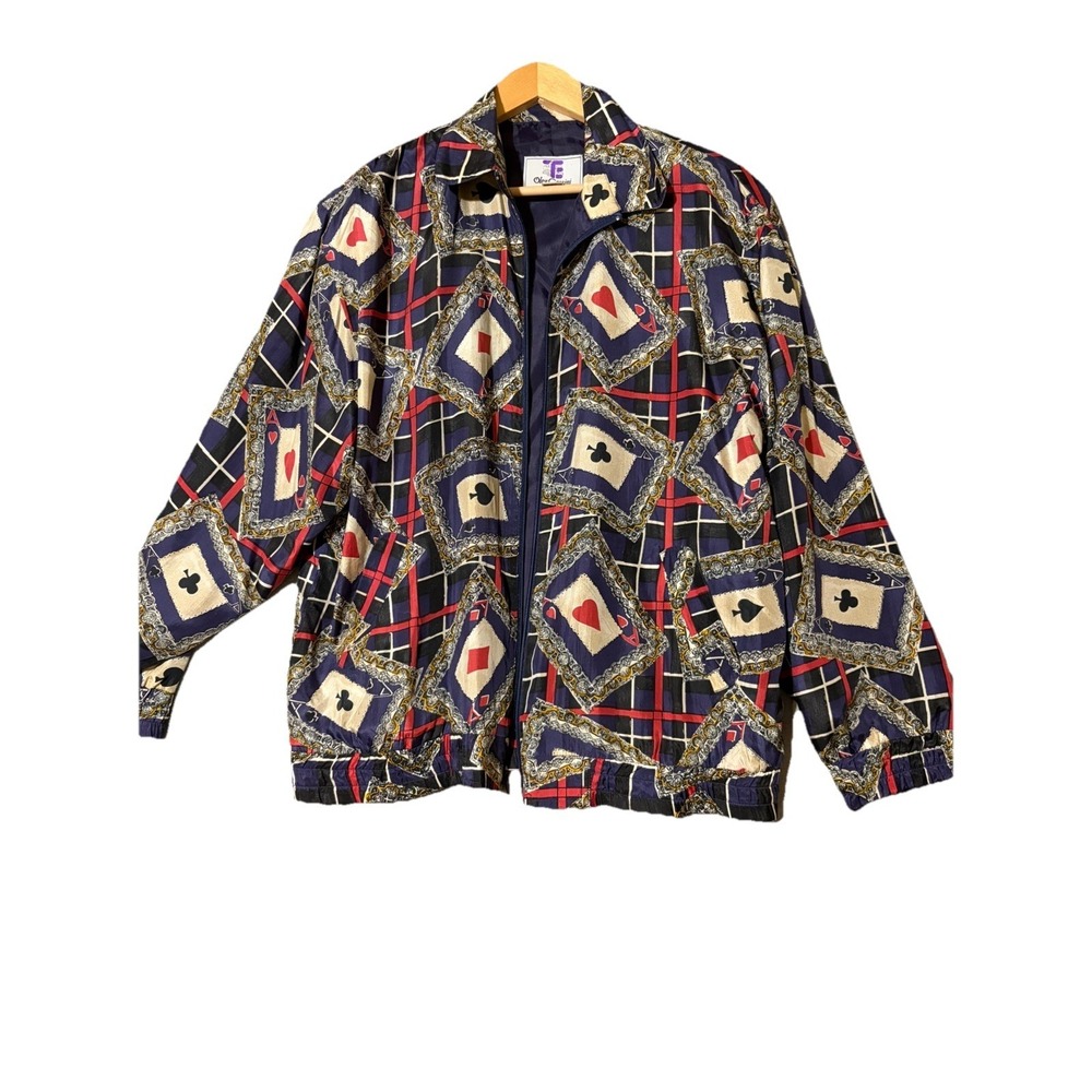 VINTAGE 80s Oleg Cassini 100% Silk Windbreaker Size M Deck Of Cards Theme